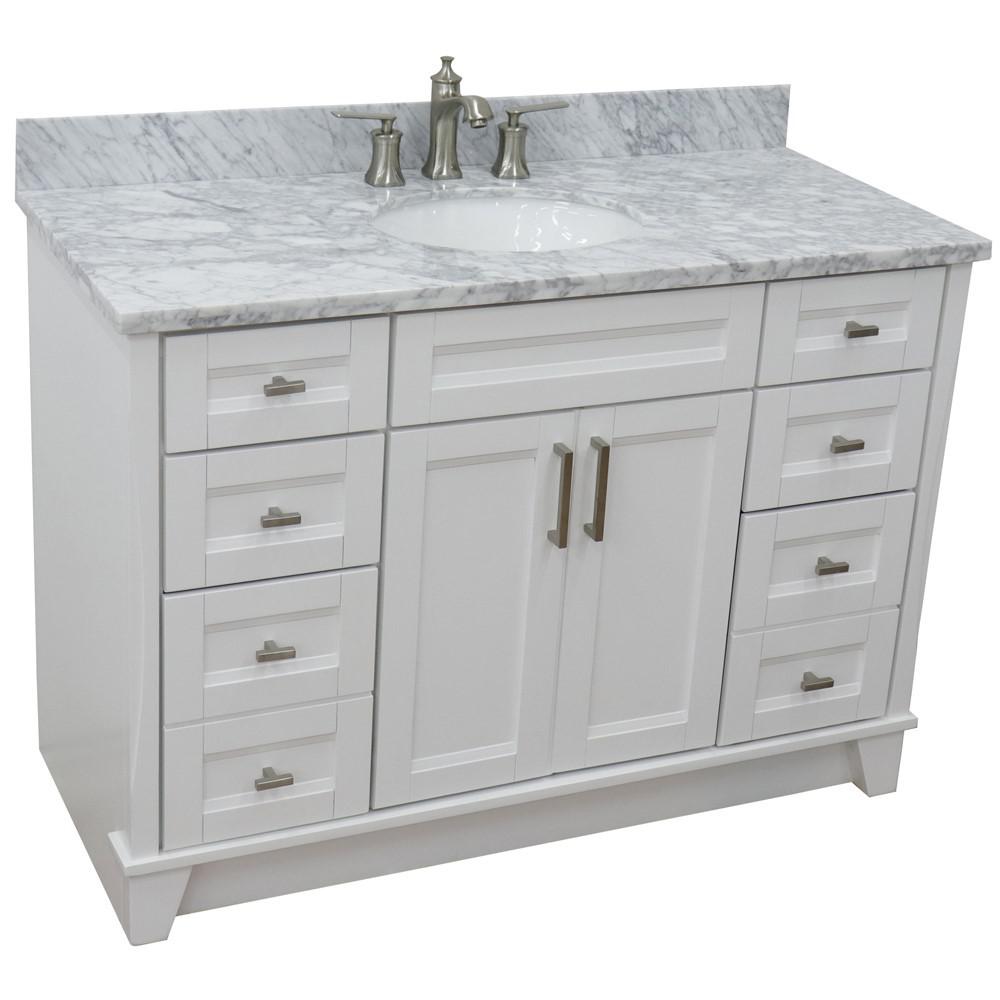 49 Single sink vanity in White finish with White Carrara marble and oval sink. Picture 13