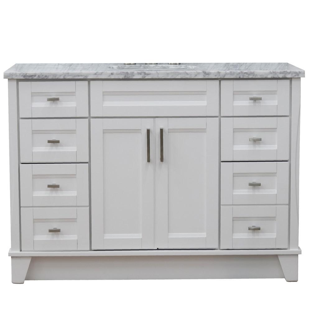 49 Single sink vanity in White finish with White Carrara marble and oval sink. Picture 15