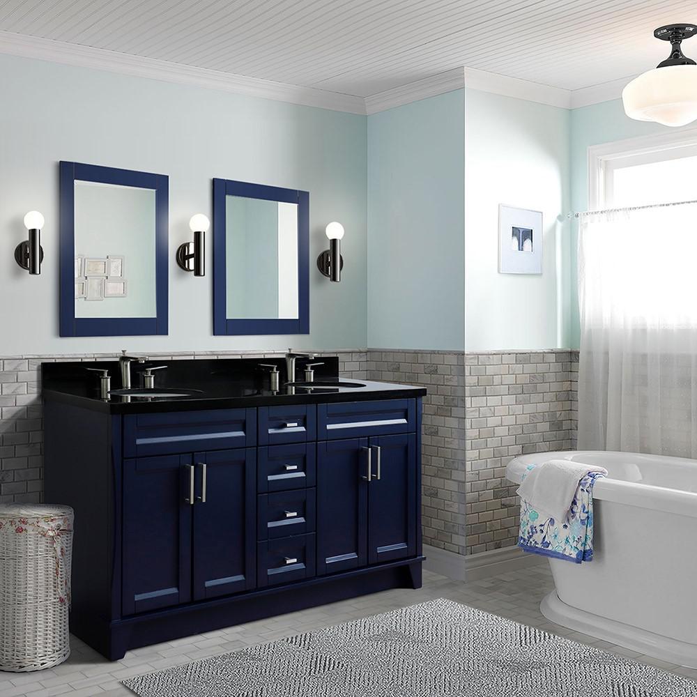 61 Double sink vanity in Blue finish and Black galaxy granite and oval sink. Picture 1