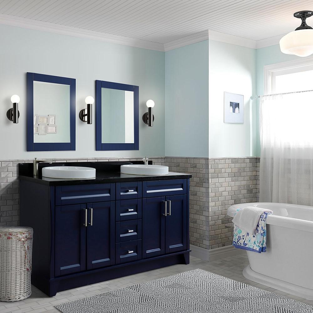 Double sink vanity in Blue and Black galaxy granite and rectangle sink. Picture 1