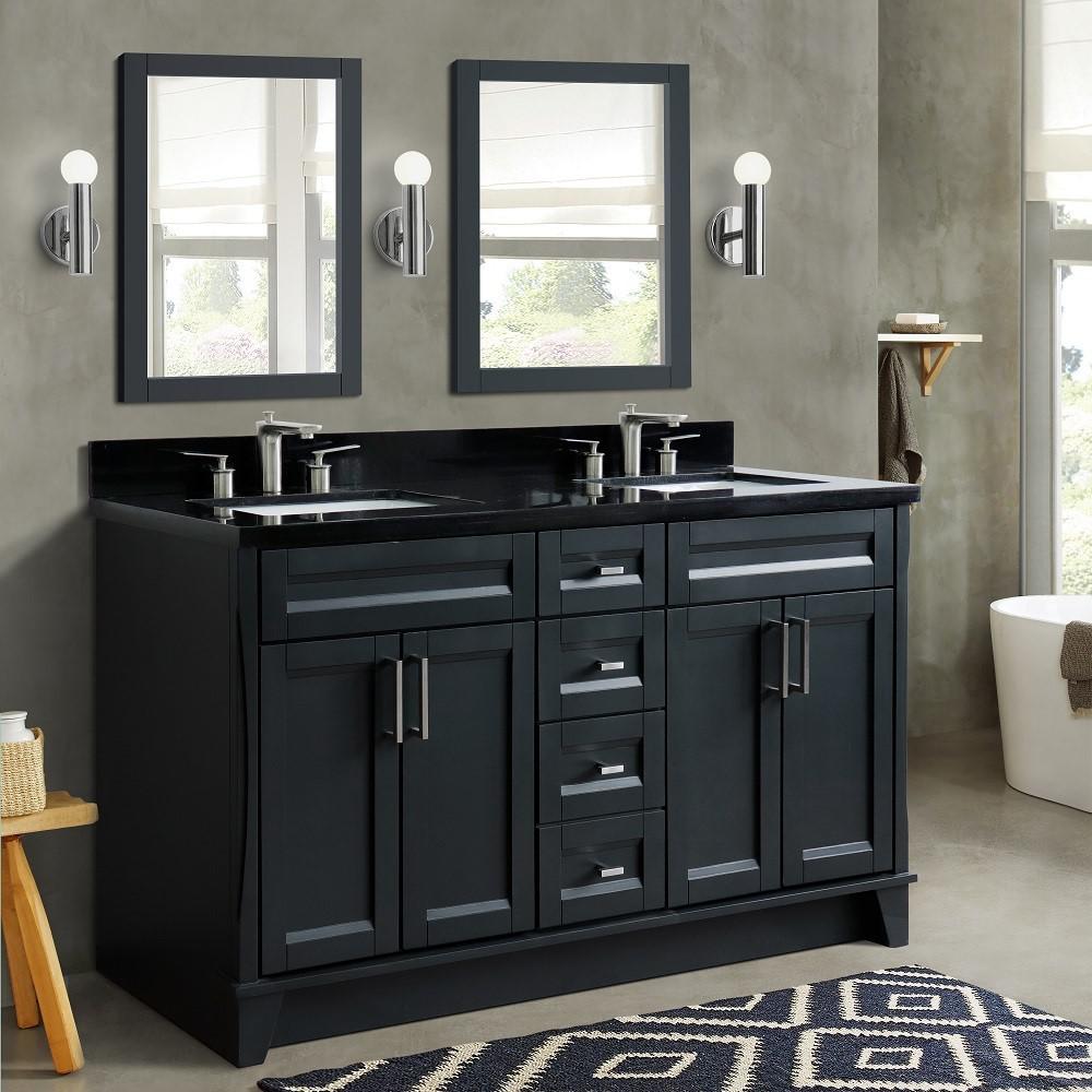 Double sink vanity in Dark Gray and Black galaxy granite and rectangle sink. Picture 2
