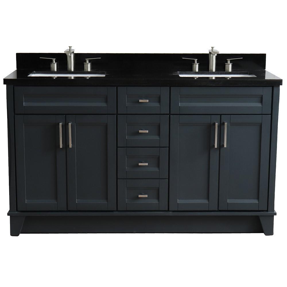 Double sink vanity in Dark Gray and Black galaxy granite and rectangle sink. Picture 9