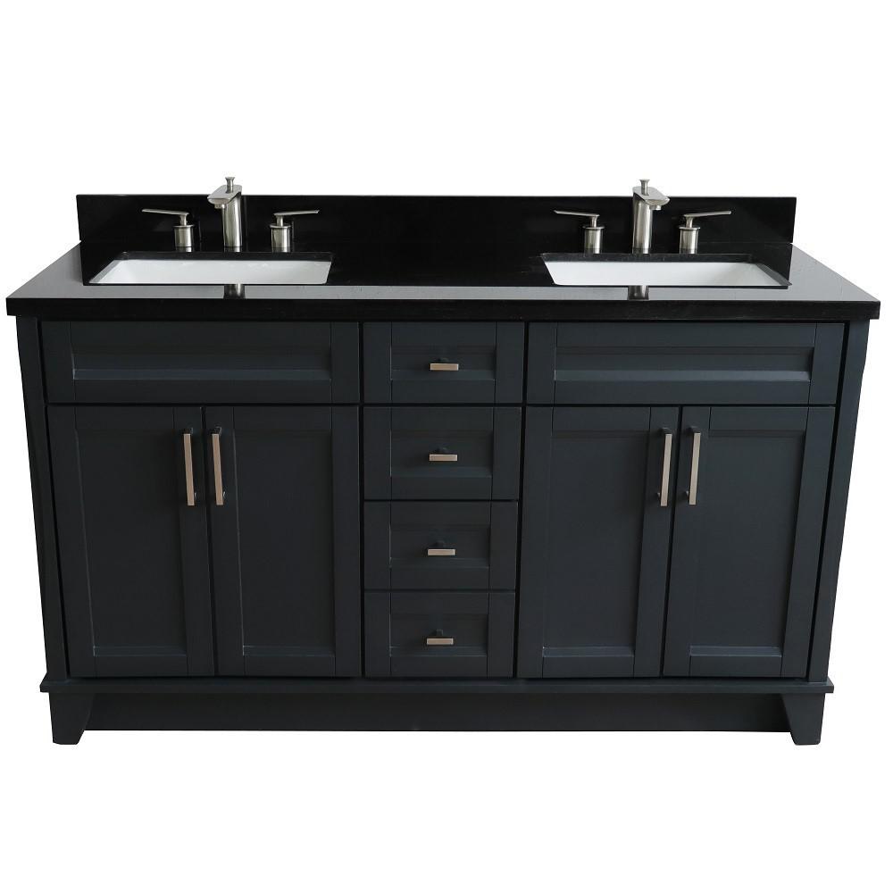 Double sink vanity in Dark Gray and Black galaxy granite and rectangle sink. Picture 12