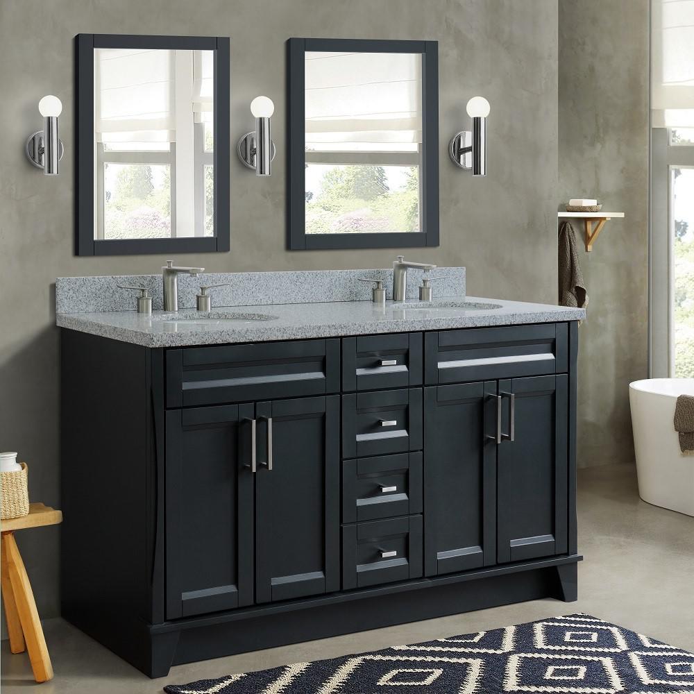 61 Double sink vanity in Dark Gray finish and Gray granite and oval sink. Picture 2