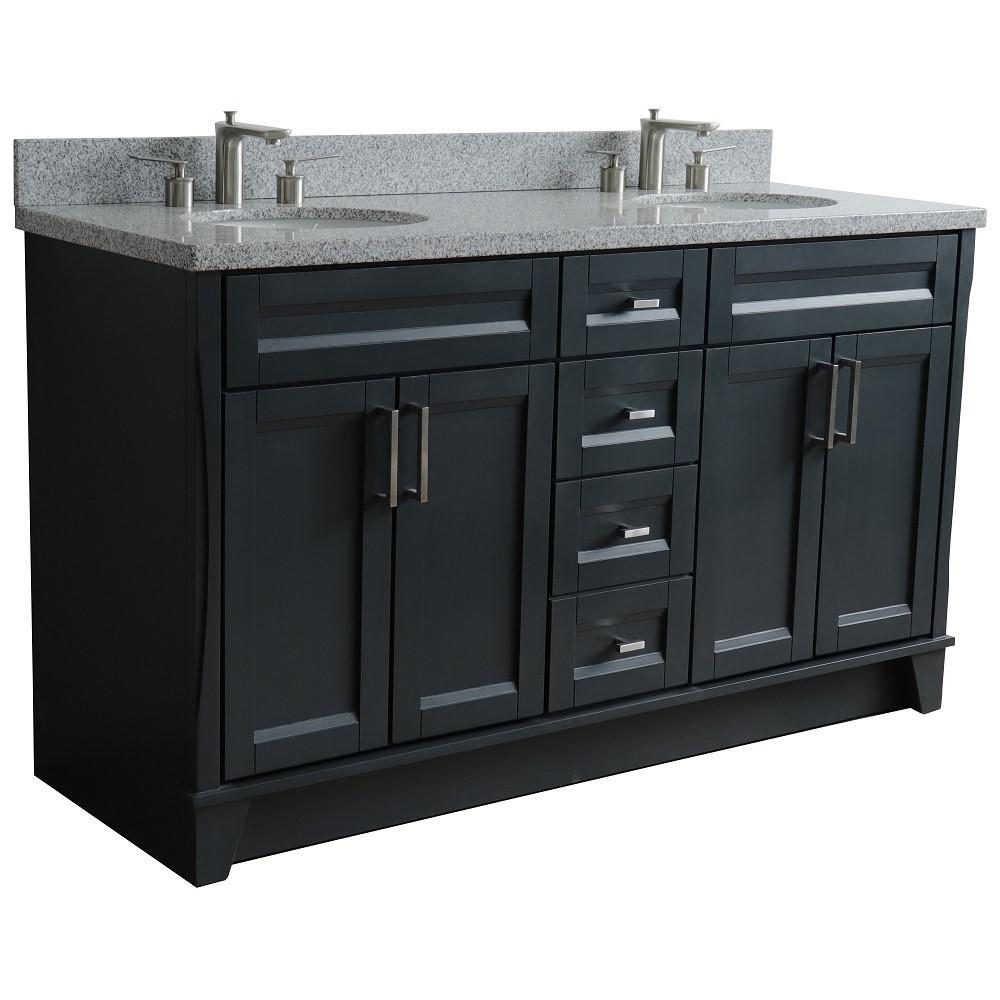 61 Double sink vanity in Dark Gray finish and Gray granite and oval sink. Picture 7