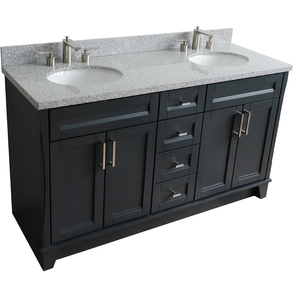 61 Double sink vanity in Dark Gray finish and Gray granite and oval sink. Picture 13