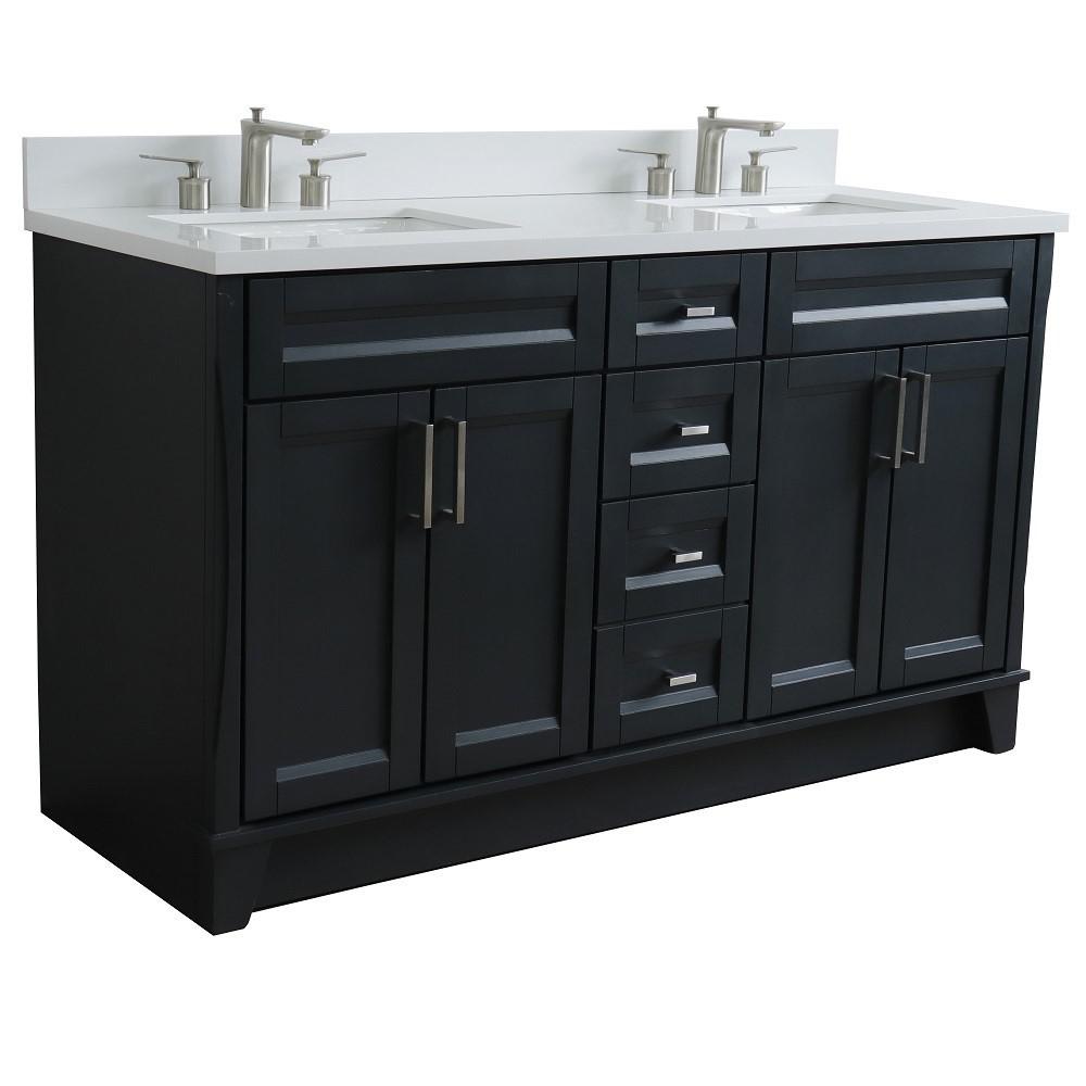 61 Double sink vanity in Dark Gray finish and White quartz and rectangle sink. Picture 7
