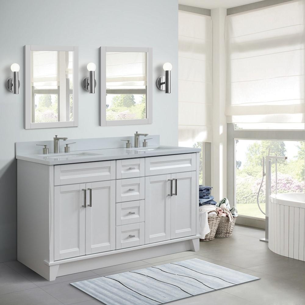 61 Double sink vanity in White finish and White quartz and rectangle sink. Picture 2