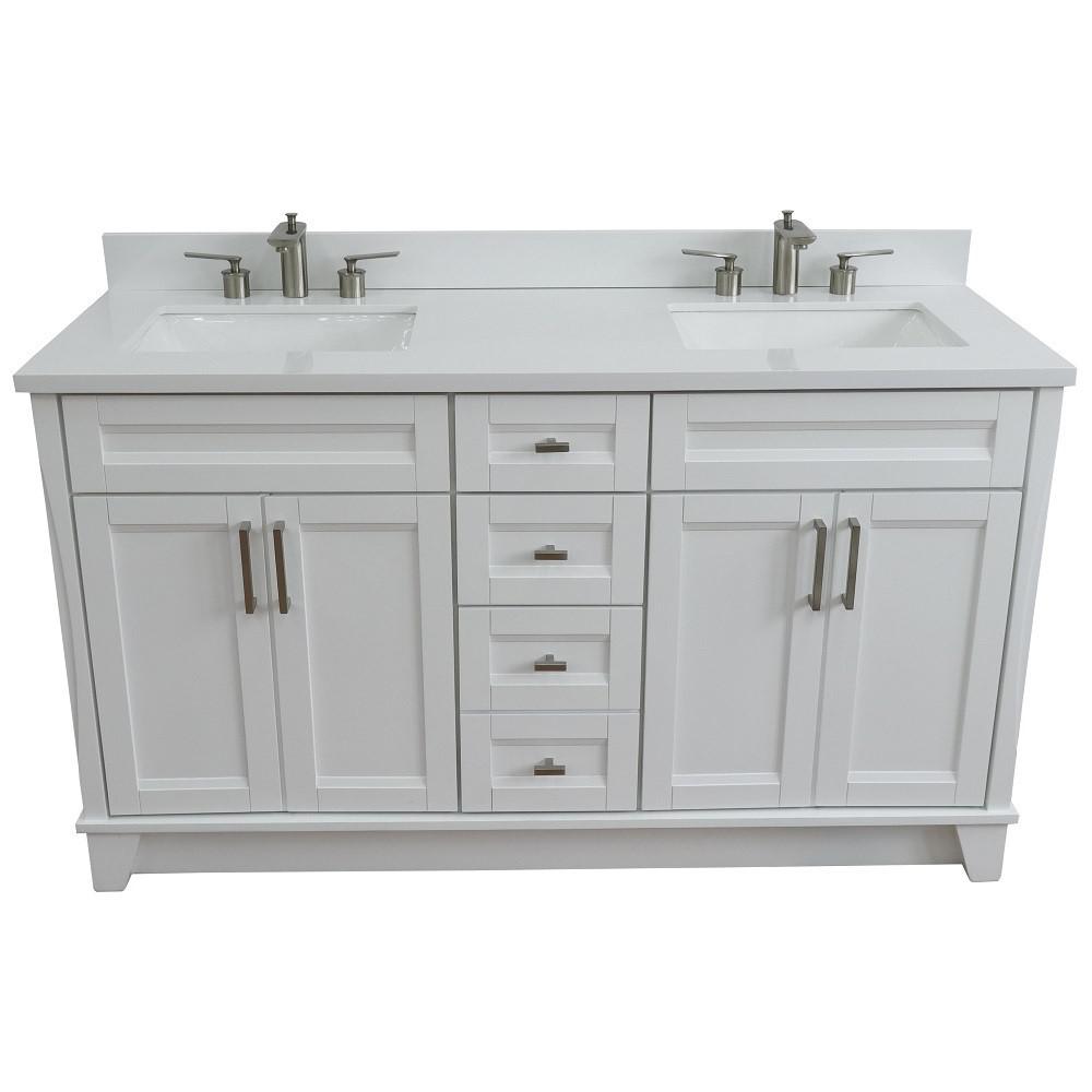 61 Double sink vanity in White finish and White quartz and rectangle sink. Picture 12