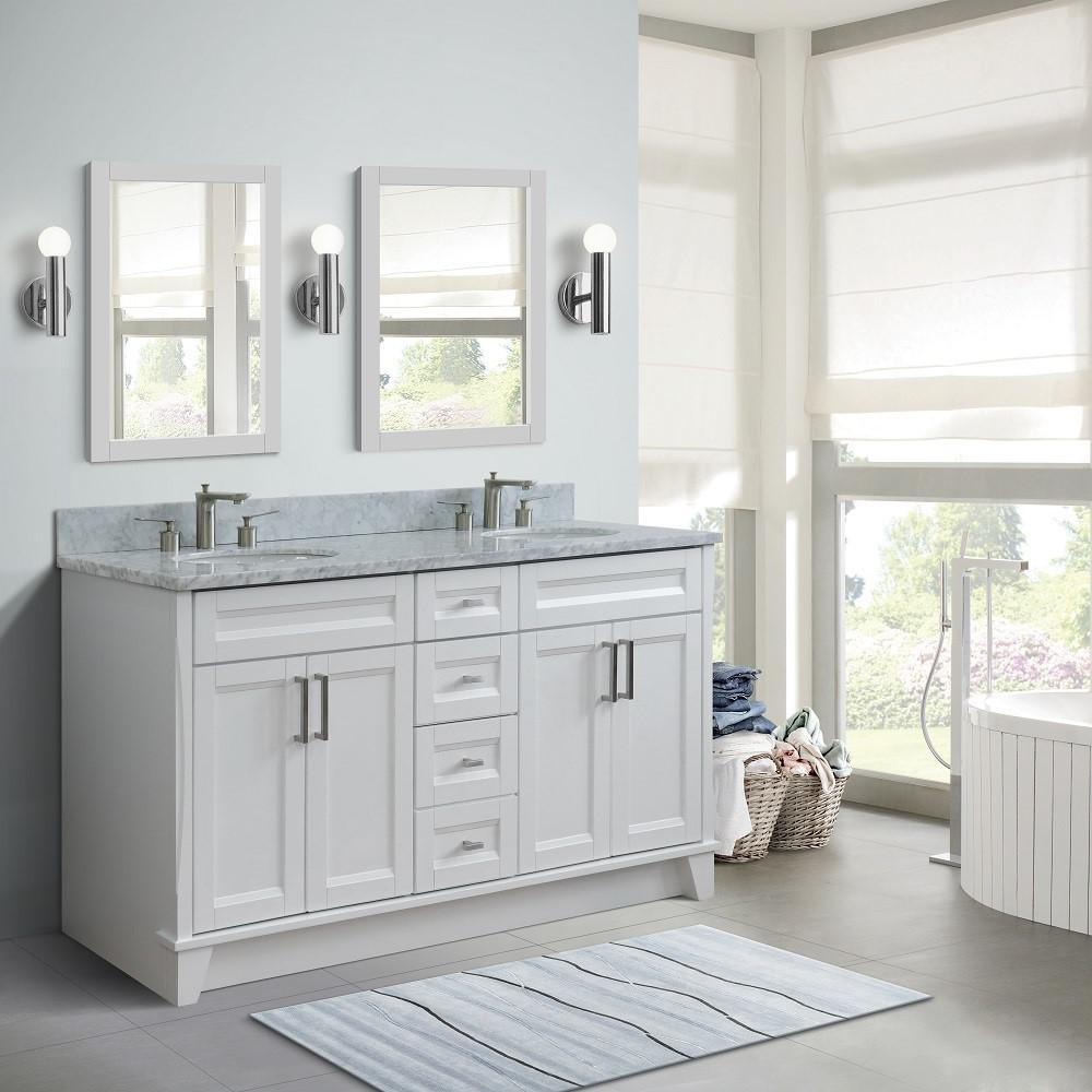 61 Double sink vanity in White finish and White Carrara marble and oval sink. Picture 2