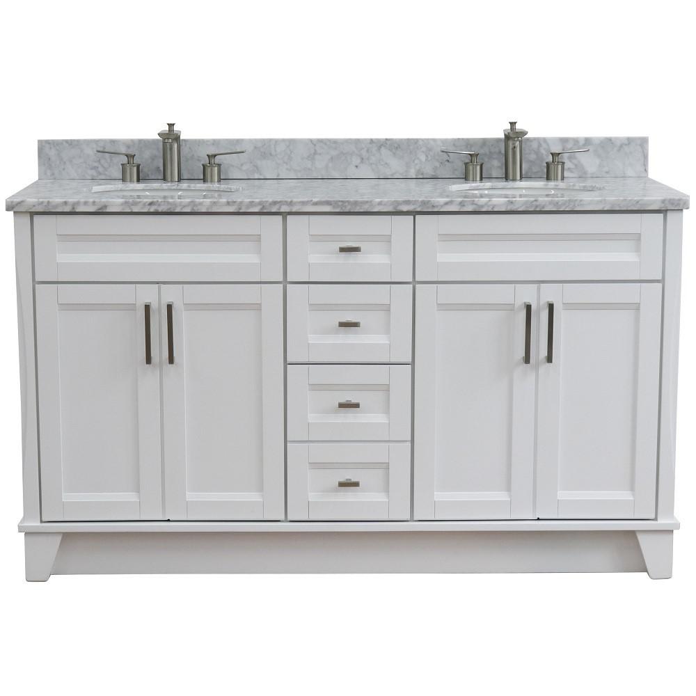 61 Double sink vanity in White finish and White Carrara marble and oval sink. Picture 9