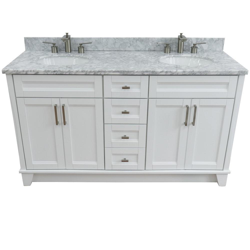 61 Double sink vanity in White finish and White Carrara marble and oval sink. Picture 12