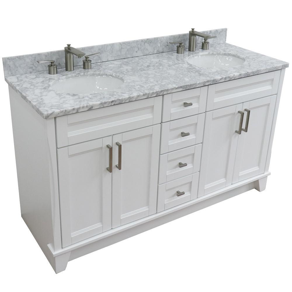 61 Double sink vanity in White finish and White Carrara marble and oval sink. Picture 13