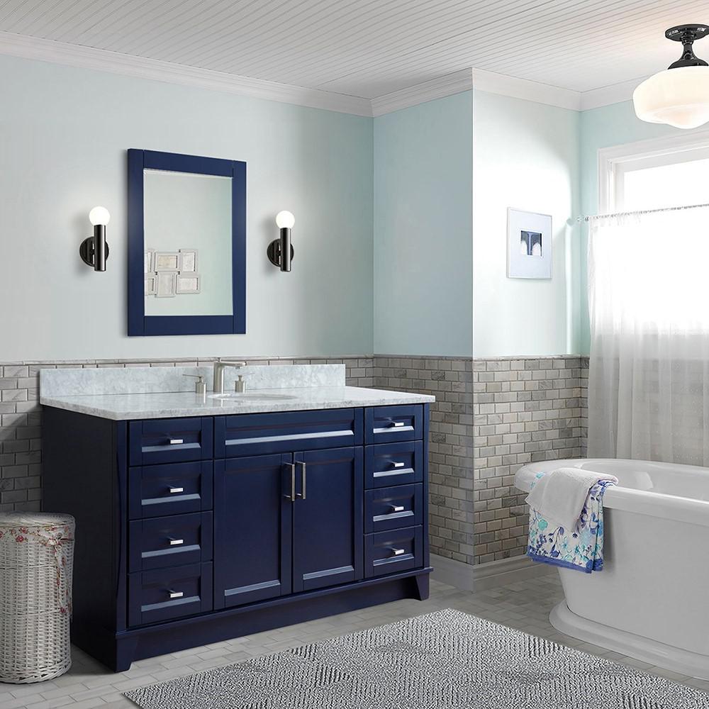 61 Single sink vanity in Blue finish and White Carrara marble and oval sink. Picture 1