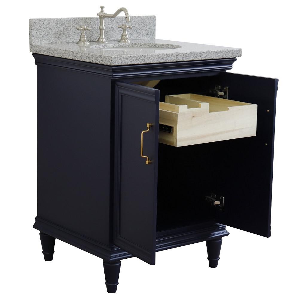 25 Single vanity in Blue finish with Gray granite and oval sink. Picture 5