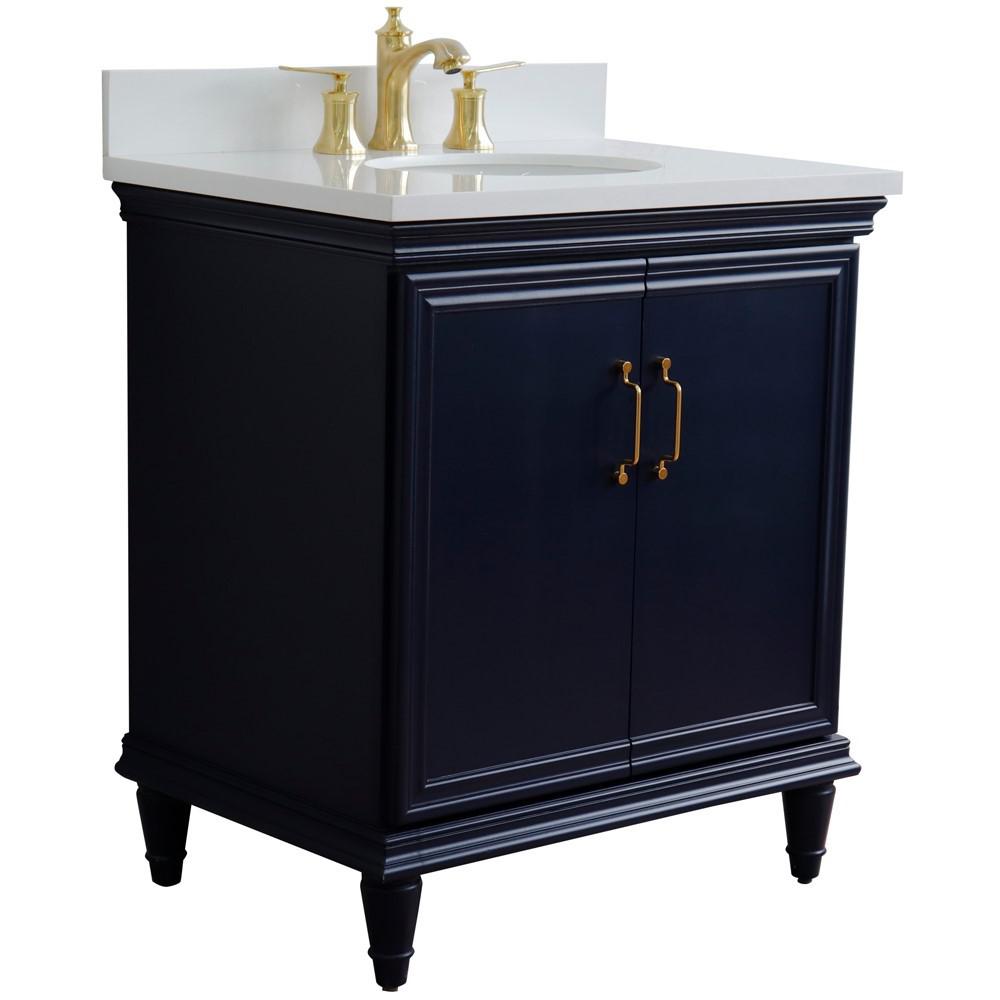 31 Single vanity in Blue finish with White quartz and oval sink. Picture 5