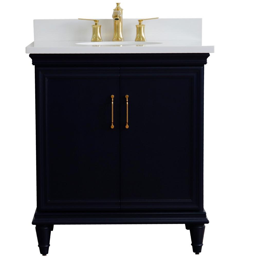31 Single vanity in Blue finish with White quartz and oval sink. Picture 7