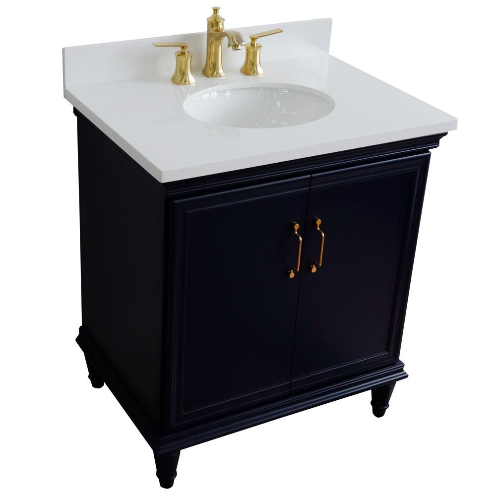 31 Single vanity in Blue finish with White quartz and oval sink. Picture 11