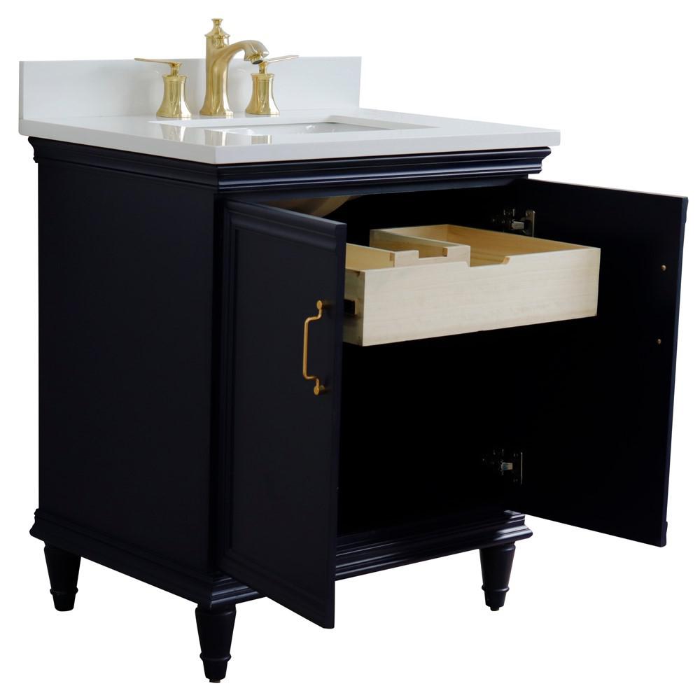 31 Single vanity in Blue finish with White quartz and rectangle sink. Picture 5