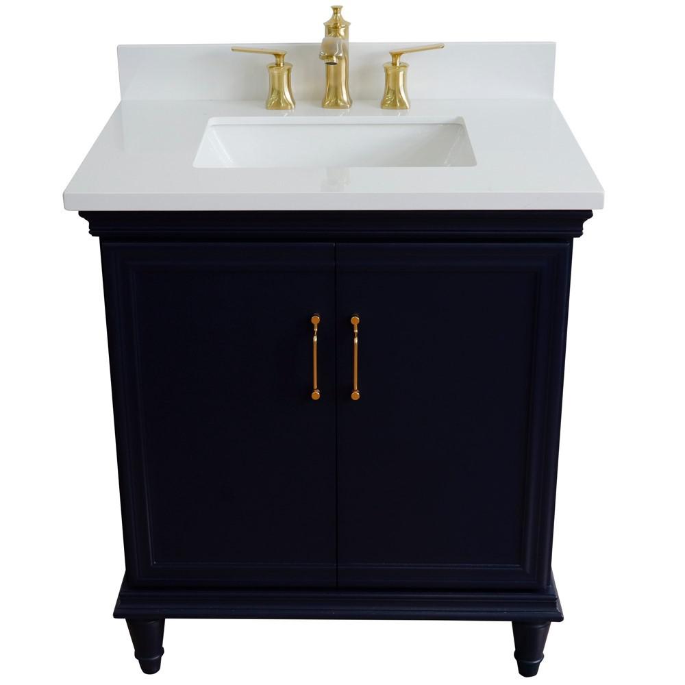31 Single vanity in Blue finish with White quartz and rectangle sink. Picture 8
