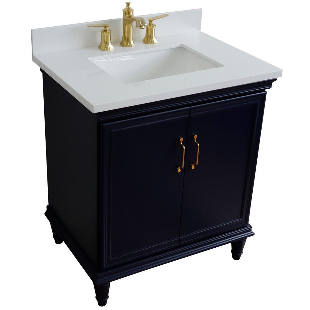 31 Single vanity in Blue finish with White quartz and rectangle sink. Picture 9