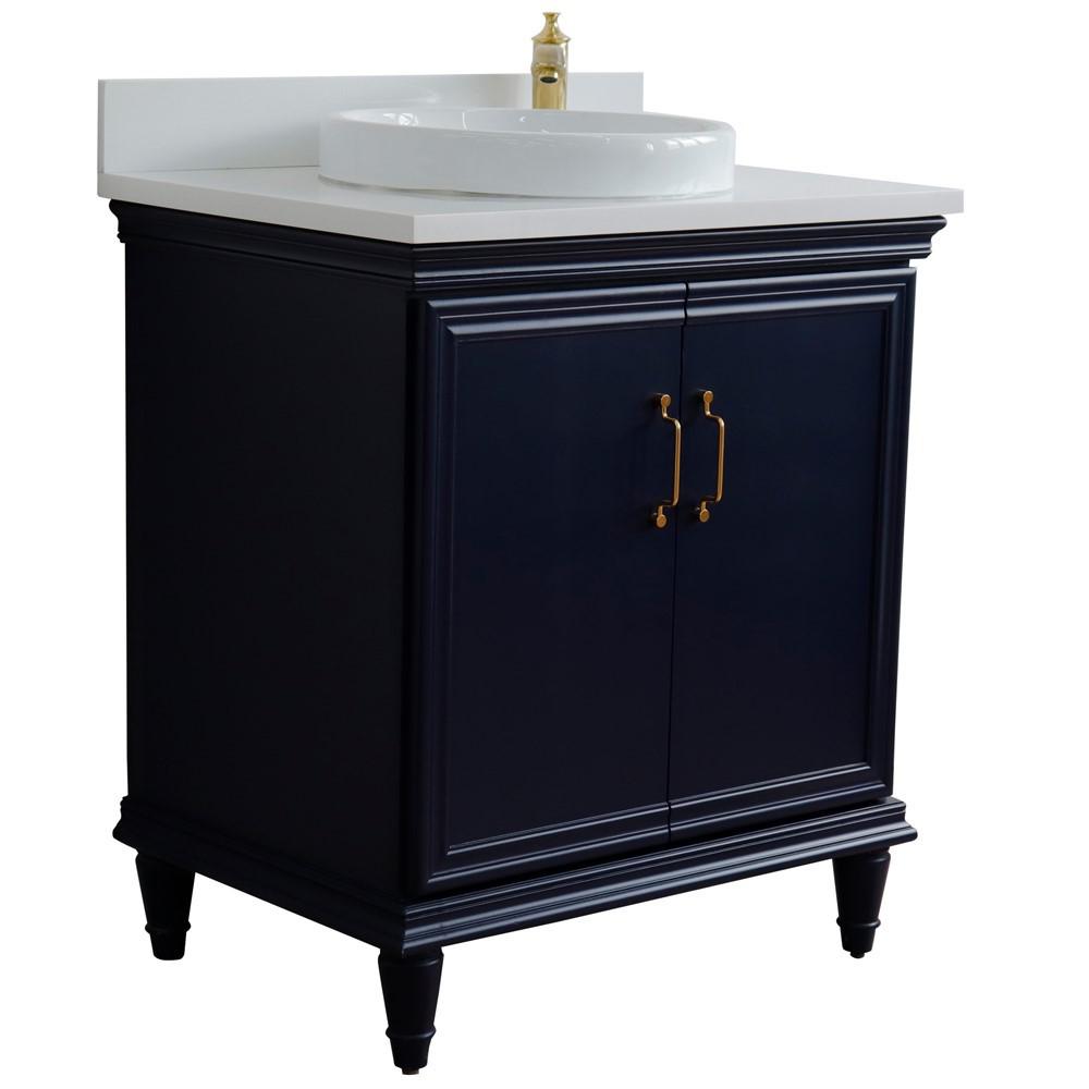 31 Single vanity in Blue finish with White quartz and rectangle sink. Picture 17