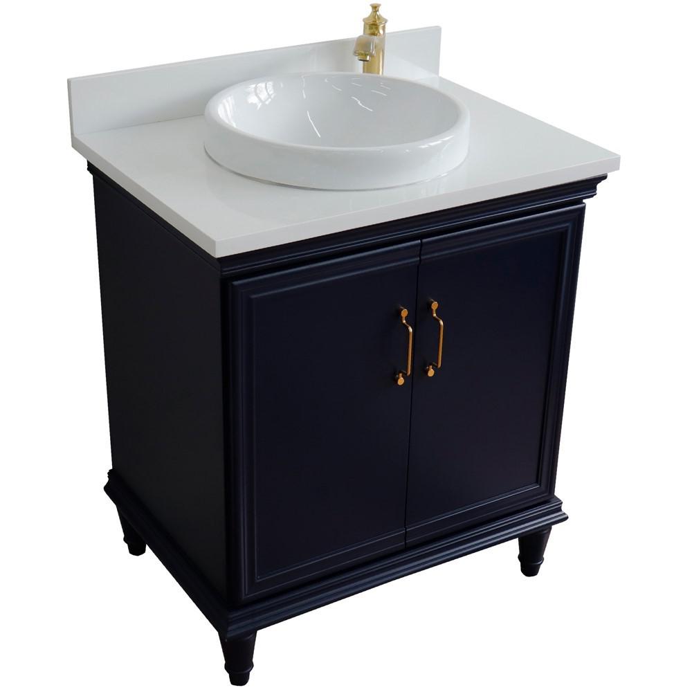 31 Single vanity in Blue finish with White quartz and rectangle sink. Picture 23