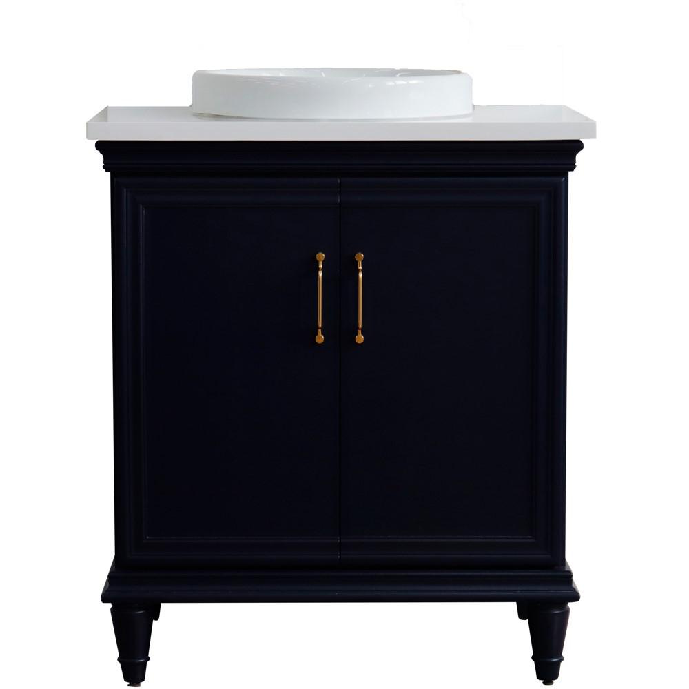 31 Single vanity in Blue finish with White quartz and rectangle sink. Picture 26