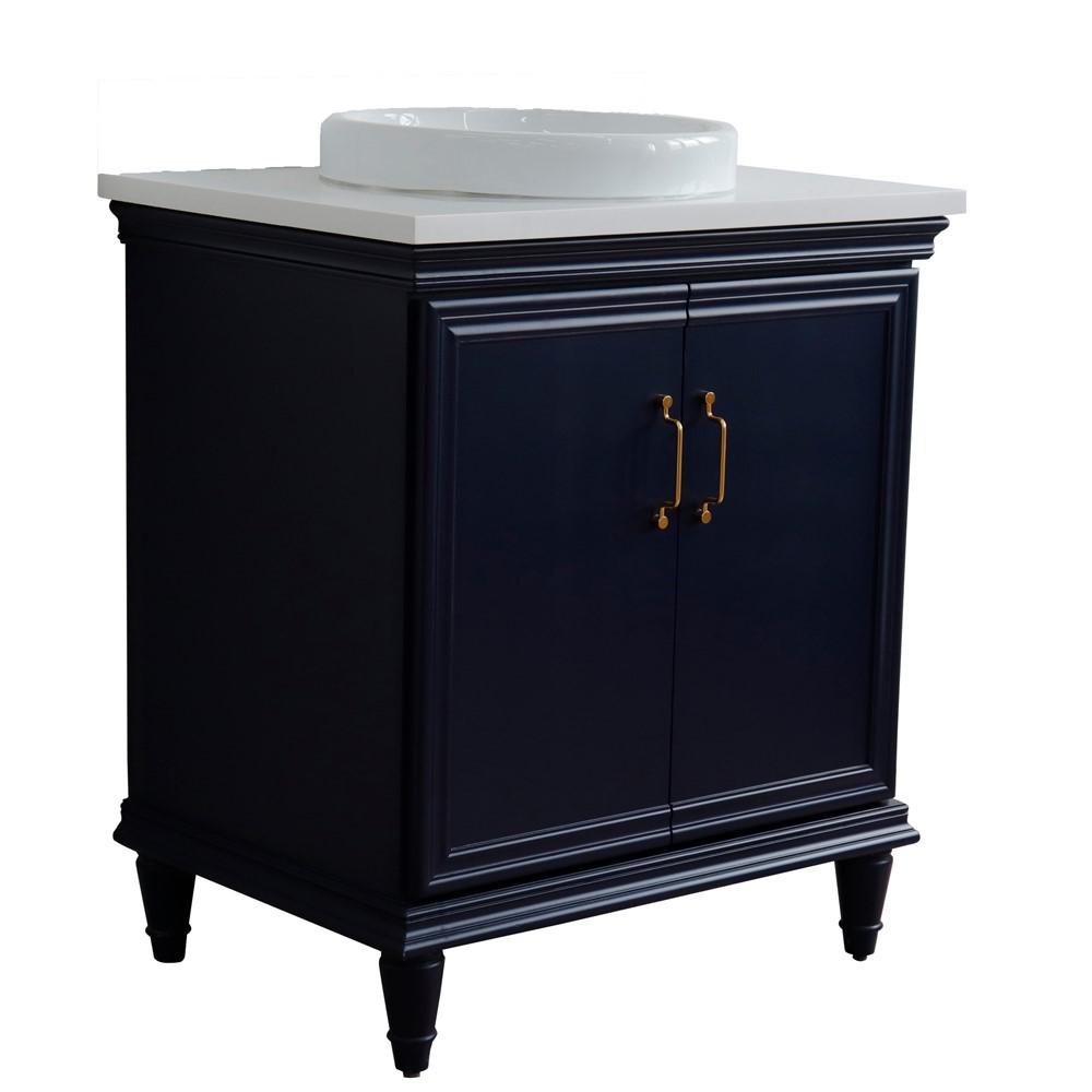 31 Single vanity in Blue finish with White quartz and rectangle sink. Picture 27