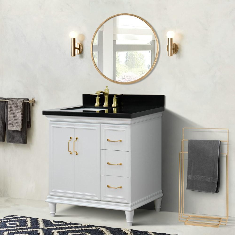 Single vanity in White with Black galaxy and rectangle sink- door/sink. Picture 2
