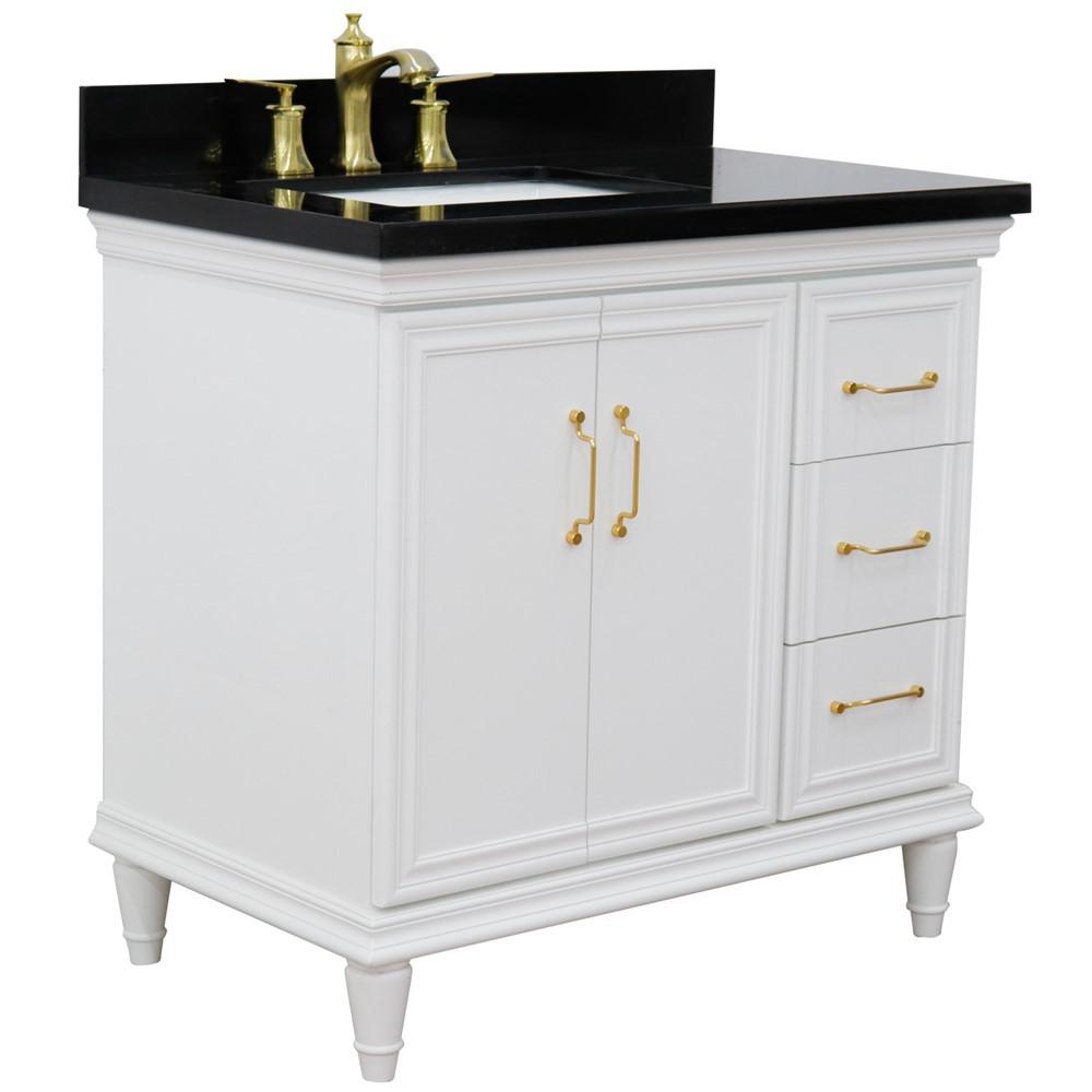 Single vanity in White with Black galaxy and rectangle sink- door/sink. Picture 7