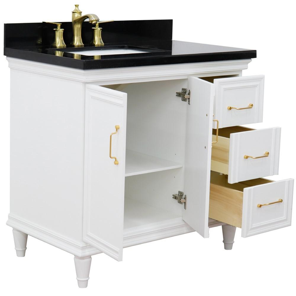 Single vanity in White with Black galaxy and rectangle sink- door/sink. Picture 8
