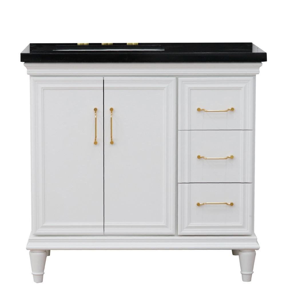 Single vanity in White with Black galaxy and rectangle sink- door/sink. Picture 1