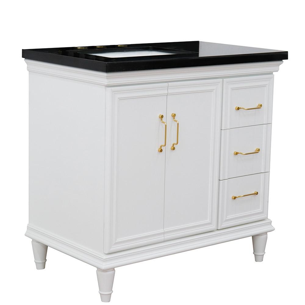 Single vanity in White with Black galaxy and rectangle sink- door/sink. Picture 15