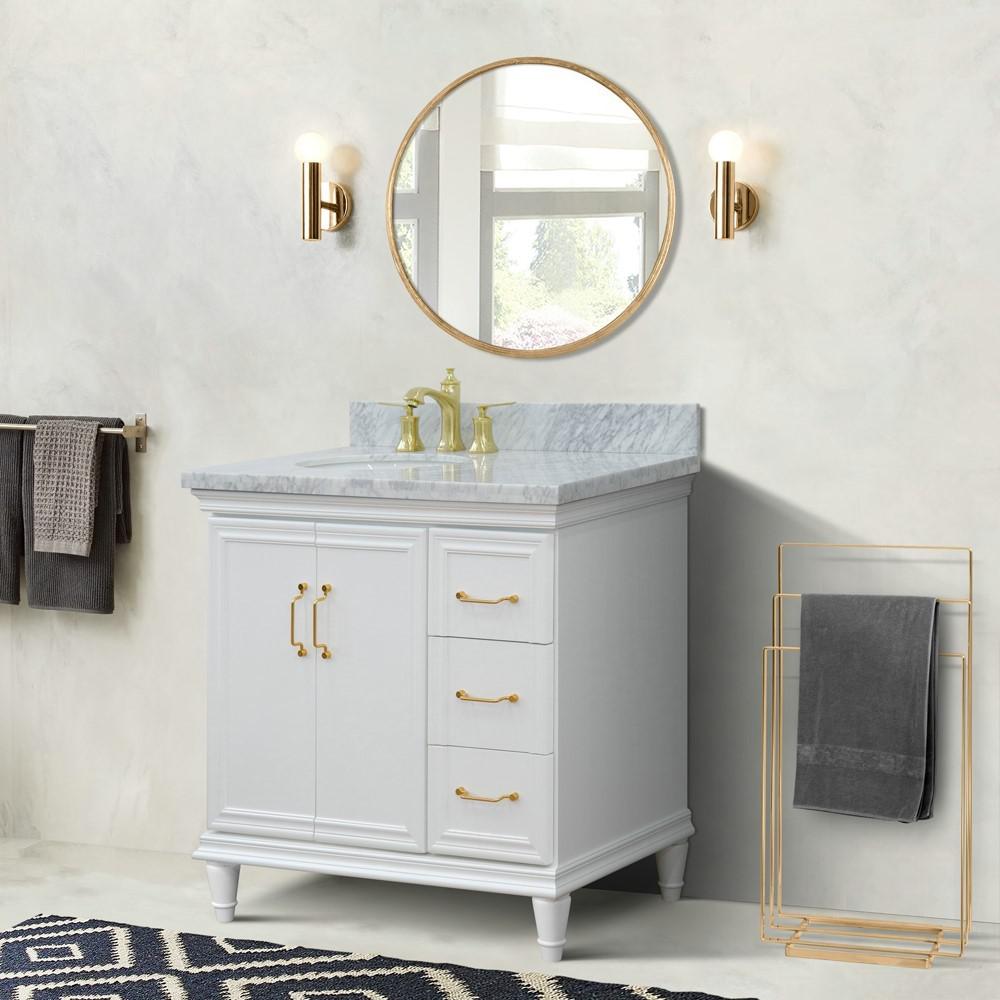 Single vanity in White with White Carrara and oval sink- Left door/Left sink. Picture 2