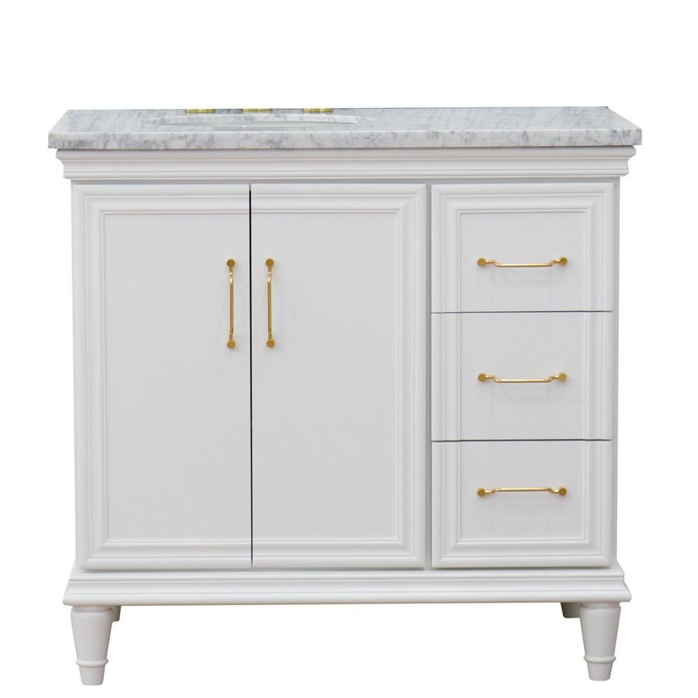 Single vanity in White with White Carrara and oval sink- Left door/Left sink. Picture 1