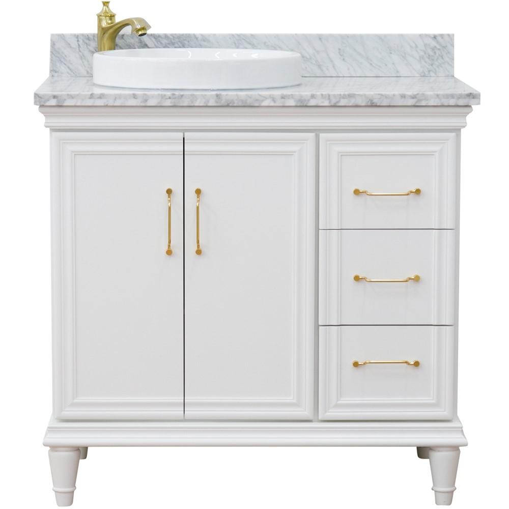 Single vanity in White with White Carrara and round sink- door/sink. Picture 8