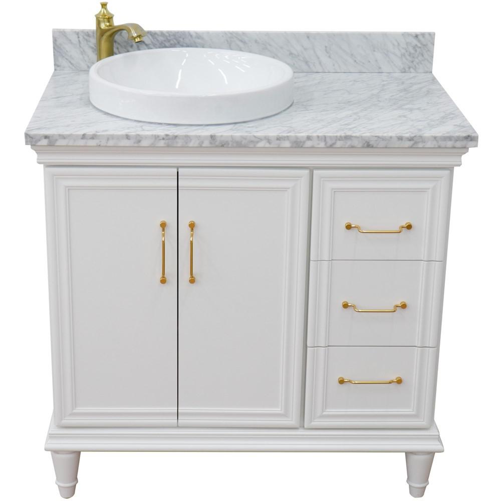 Single vanity in White with White Carrara and round sink- door/sink. Picture 11