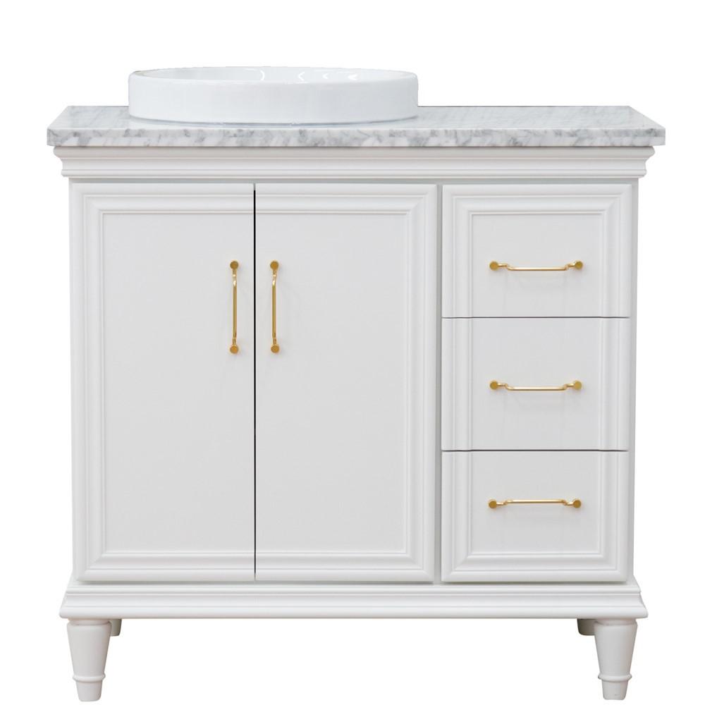 Single vanity in White with White Carrara and round sink- door/sink. Picture 1