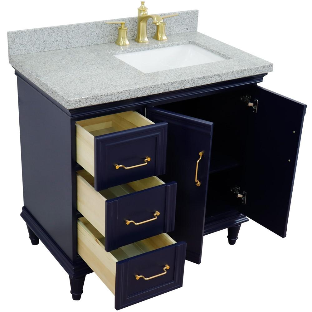 Single vanity in Blue with Gray granite and rectangle sink. Picture 12