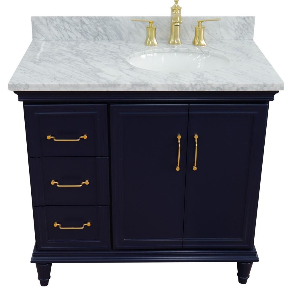 Single vanity in Blue with White Carrara and oval sink. Picture 10