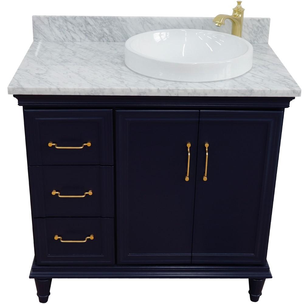 Single vanity in Blue with White Carrara and round sink. Picture 10