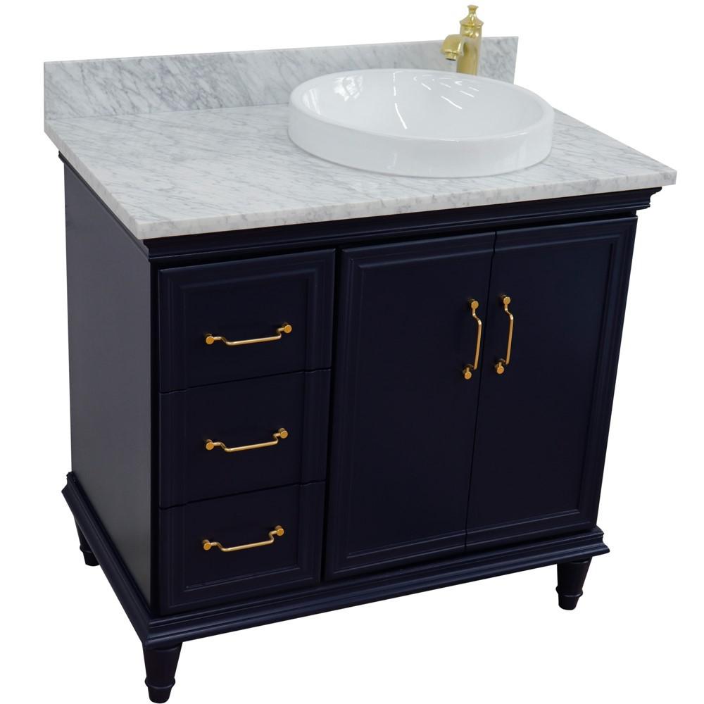 Single vanity in Blue with White Carrara and round sink. Picture 11