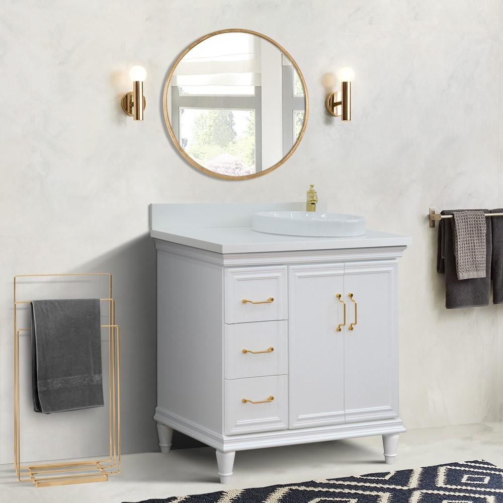 Single vanity in White with White quartz and round sink. Picture 2