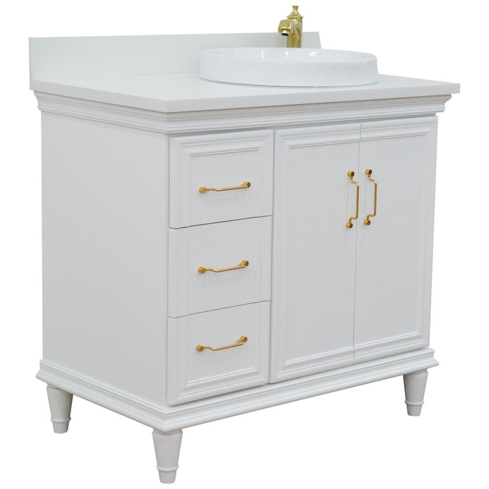 Single vanity in White with White quartz and round sink. Picture 5