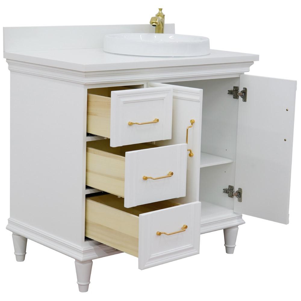 Single vanity in White with White quartz and round sink. Picture 6