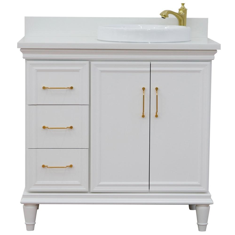 Single vanity in White with White quartz and round sink. Picture 7