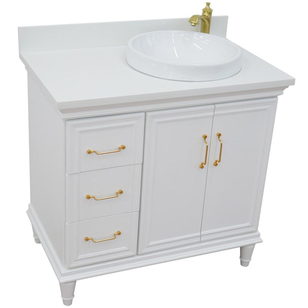 Single vanity in White with White quartz and round sink. Picture 11