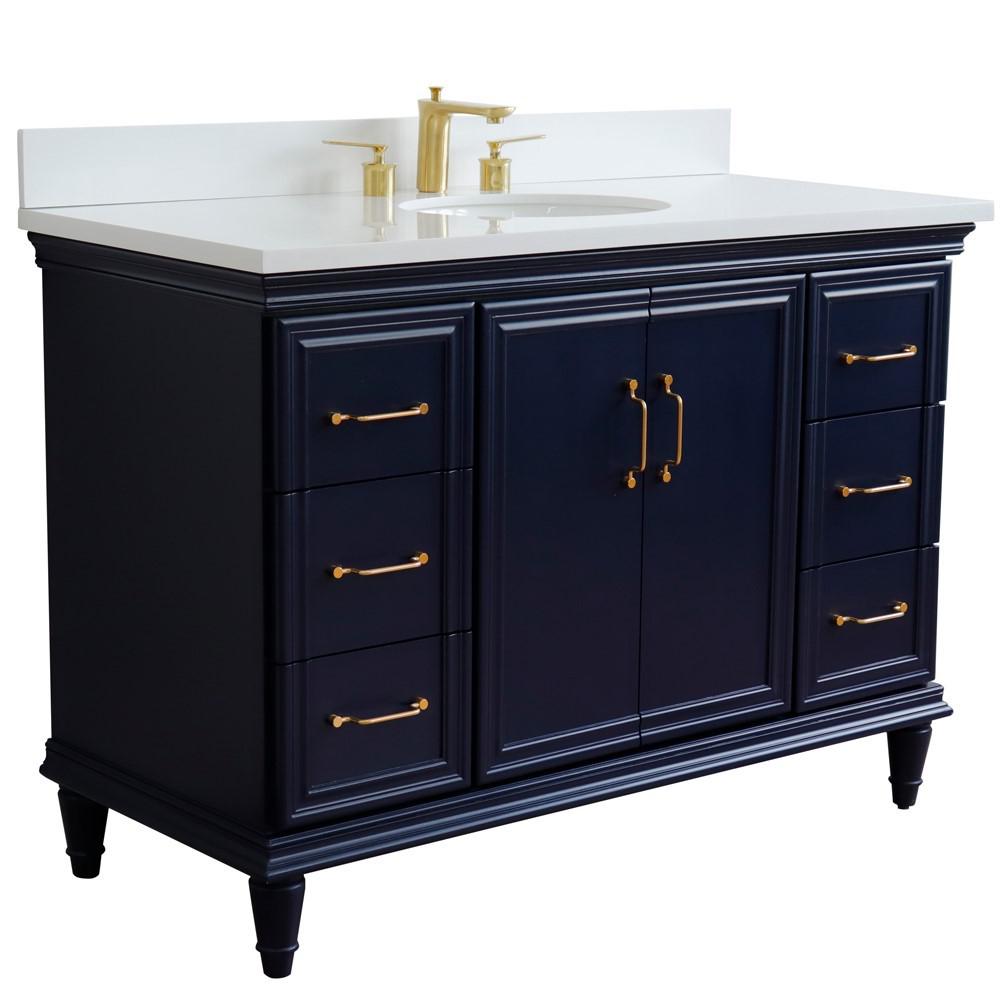 49 Single sink vanity in Blue finish with White quartz and oval sink. Picture 6