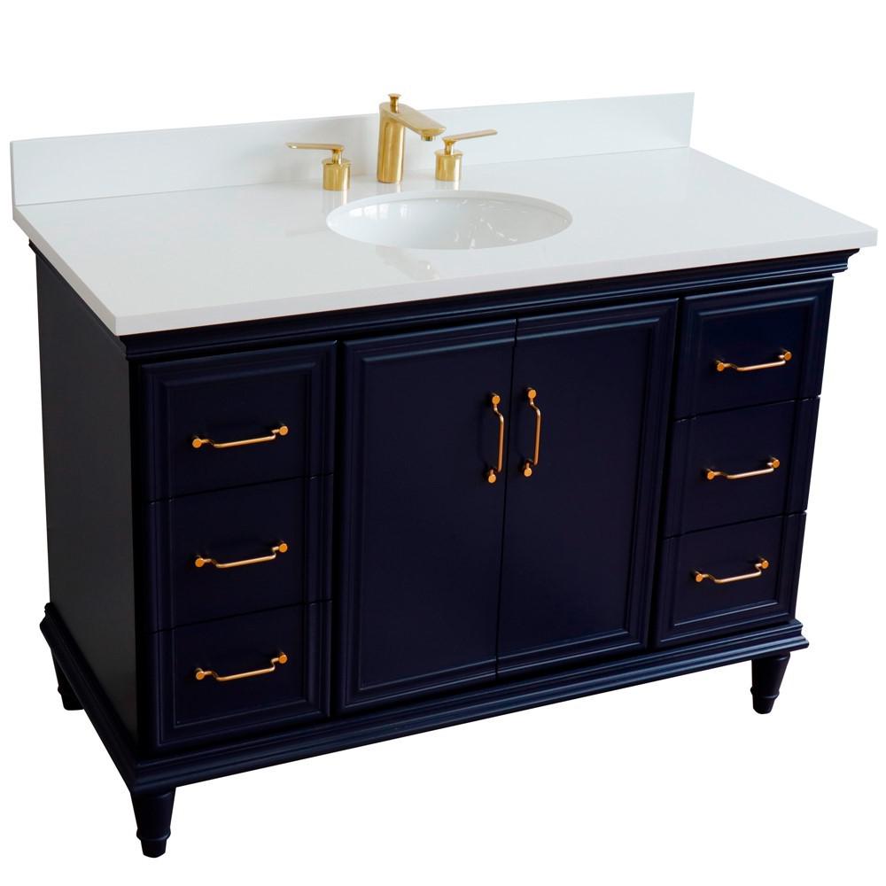 49 Single sink vanity in Blue finish with White quartz and oval sink. Picture 12